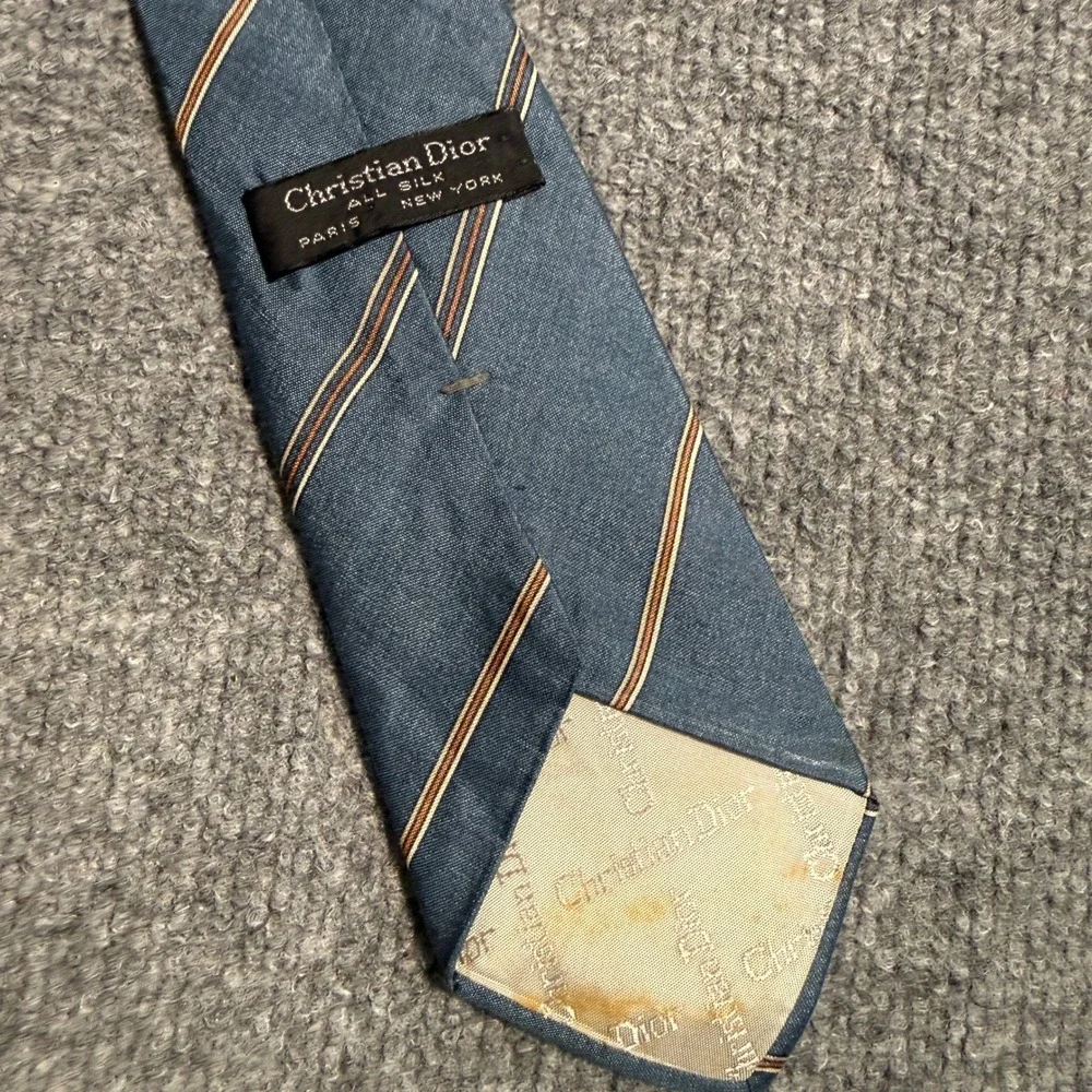 Vintage Christian Dior Mens Silk Tie Blue Brown Striped Necktie Made in USA